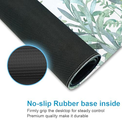 XXL Waterproof Office Desk Pad Protector 31.5x11.8 Inch - Extended Gaming Mouse Pad with Non-Slip Rubber Base, Thickened Keyboard Mat, Stitched Edges & Green Plants Design - color: Green White