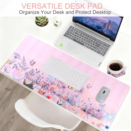 Petmolico Mouse Pad Set with Computer Keyboard Desk Pad,Mouse Pad with Wrist Rest,Typing Wrist Pad and Cup Coasters,Ergonomic Design for Typing Pain Relief【Pink,Wild Flowers】 - color: Pink