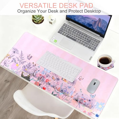 Petmolico Mouse Pad Set with Computer Keyboard Desk Pad,Mouse Pad with Wrist Rest,Typing Wrist Pad and Cup Coasters,Ergonomic Design for Typing Pain Relief【Pink,Wild Flowers】 - color: Pink