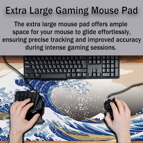 Hokusai's Great Wave Large Gaming Mouse Pad Japanese Woodblock Mount Fuji and Wave Art Long Mousepad Keyboard Mat for Desk,Office,Home 35.4"X15.7" - color: Hokusai's Great Wave
