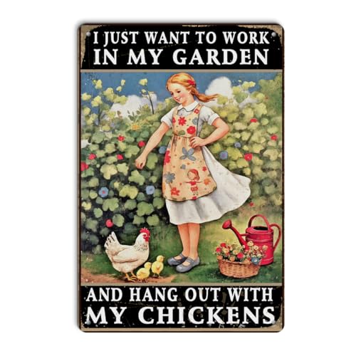 Rustic Garden Signs - I Just Want to Work in My Garden and Hang Out with My Chickens Decorative Metal Sign, Perfect Chicken Coop Sign and Gifts for Chicken Enthusiasts，Aluminium Plate Signs 8x12 Inch - color: Retro Garden Chicken Art