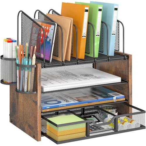 DAOUTIME 4-Tier Mesh Desk Organizer, Wooden Desk File Organizer with 5 Vertical File Holders and 2 Pen Holders, Desktop Organizers and Accessories with Drawer for Home Office - size: With Drawer