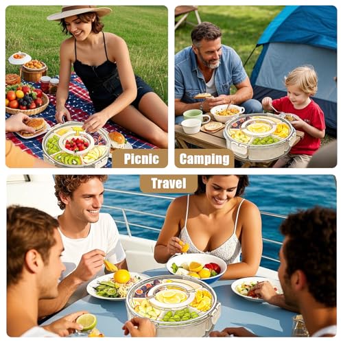 Snackle Box Container Divided Rotating Serving Tray with Lid and Handle | Portable, For Fruits Snacks Veggie Charcuterie, Spinner Organizer, Fridge Storage Container, For Travel and Picnic