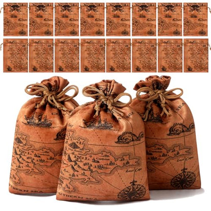 RICHNESS 16pcs Pirate Party Favor Bags Treasure Map Bag with Drawstring Closure Satin Party Loot Bags 4.5X6 Inches Goodie Bags - color: Brown