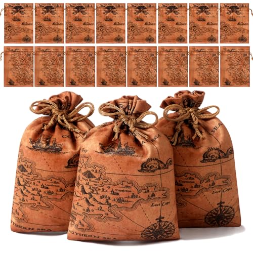 RICHNESS 16pcs Pirate Party Favor Bags Treasure Map Bag with Drawstring Closure Satin Party Loot Bags 4.5X6 Inches Goodie Bags - color: Brown