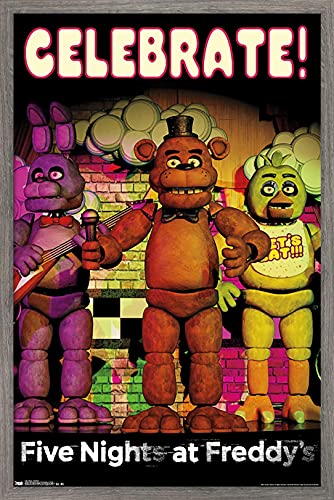 Trends International Five Nights at Freddy's - Celebrate Wall Poster, 22.375" x 34", Barnwood Framed Version - color: Barnwood Framed Version, size: 35.8"L x 24.3"W