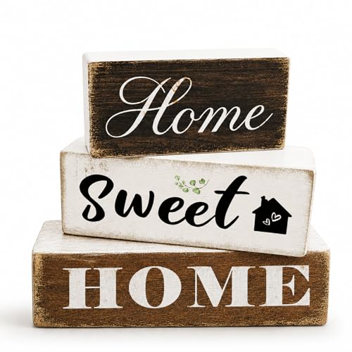 3 Pcs Farmhouse Wood Table Decoration Rustic Home Tiered Tray Decor Wooden Block Sign Retro Housewarming Gift Sweet Home Tabletop Centerpiece for Desk Floating Shelf Mantel - color: HOME