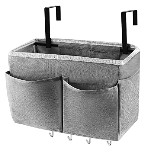 Bedside Storage Organizer 5 Pockets with 4 Hooks Hanging Storage Bag for Headboards/Bunk Bed (Grey) - color: Grey