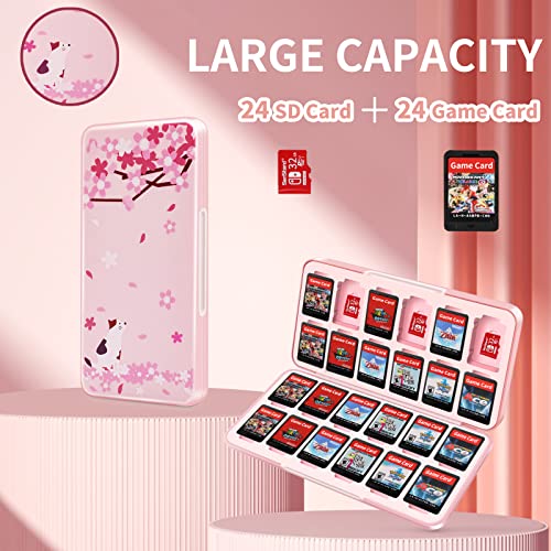 OLDZHU Cute Switch Case Holder Compatible with Nintendo Switch&Switch OLED, Pink Storage for 24 Game Cartridges and 24 Micro SD Cards - color: Cherry blossoms