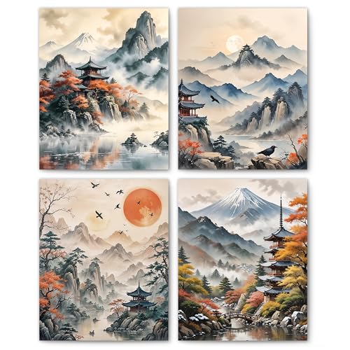 FITIE Chinese Traditional Landscape Mountain Wall Art Posters Set of 4, Nature Mountain Chinese Architecture Scenery Canvas Prints Artwork Wall Decor for Bedroom Home Office, 8x10 Unframed - color: Color-Nature Landscape 08