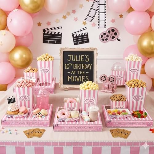 100 PCS Pink Movie Night Party Supplies Set, Movie Snack Trays with Popcorn Boxes, Treat Boxes and Invitation Cards, Cute Disposable Snack Holders for Girls' Night Birthday Sleepover Pajama