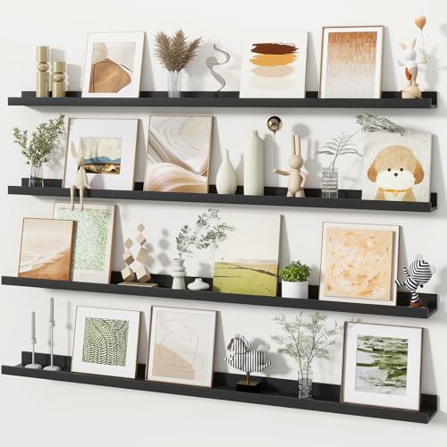 Fun Memories Picture Ledge Shelves Set of 4, 48 Inch Rustic Wall Mounted Floating Shelves with Lip for Home Storage and Décor in Bathroom, Kitchen, Nursery, Bedroom, Living Room, Black - color: Black, size: 48 inch, Set of 4