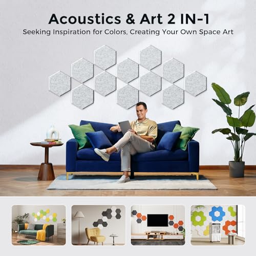 Self-Adhesive Acoustic Panels [390 lbs/yd³ Ultra-High Density], 2nd Generation Sound Absorbing Panel, Professional Level Sound Panel, Polyester Soundproof Foam [Medium Hexagon, Silver Grey] - color: Silver Grey, size: Medium Hexagon (12''x10''x0.4'')