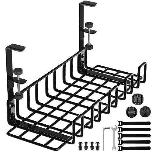 Under Desk Cable Management Tray, 16” No Drill Cord Organizer with Clamps for Wire Management, 4mm Sturdy Wire Desk Cable Organizer Tray, Cable Management Rack for Office - size: 16"L x 6"W