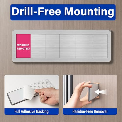 Office Door Signs with 6 Printed Status Options – Do Not Disturb, Out of Office, In a Meeting, Please Knock, Work from Home, Back Soon – Includes Custom Personalized Blank Sticker for Privacy Workspace or Studio Available and Away - style: Brushed Silver