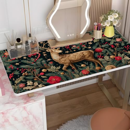 Christmas Deer Forest Desktop Sticker 39.37x23.62In, Vintage Embroidery Style Desk Decal, Easy Clean Table Surface Sticker, Elegant Holiday Decor - color: Colorful188