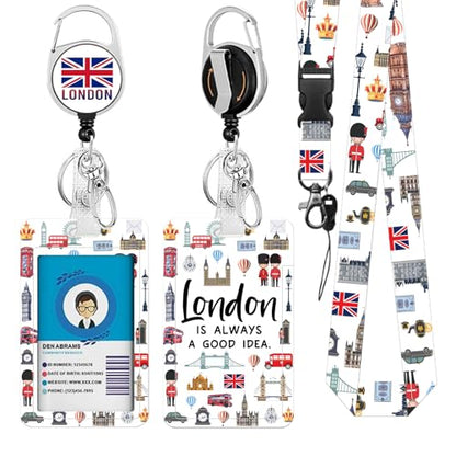 Lanyards for ID Badge, London ID Badge Holder with Retractable Reel Clip and Keychain, Vertical Heavy Duty Identity Card Cover Case Protector, Lanyard with Id Holder for Teacher Nurse - color: London-white