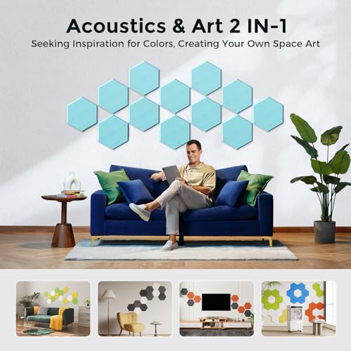 Self-Adhesive Acoustic Panels [390 lbs/yd³ Ultra-High Density], 2nd Generation Sound Absorbing Panel, Professional Level Sound Panel, Polyester Soundproof Foam [Medium Hexagon, Light Sky Blue] - color: Light Sky Blue, size: Medium Hexagon (12''x10''x0.4''