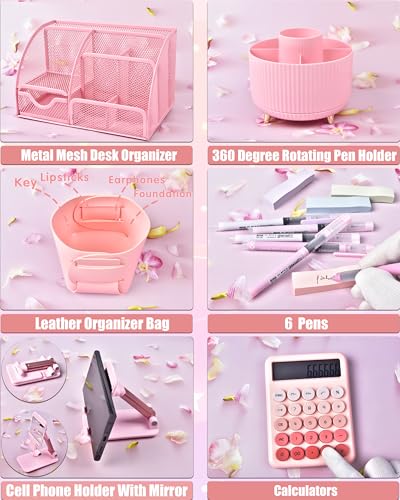 LXEVIHK 21Pcs Pink Desk Organizers and Accessories With Mesh Desk Organizer and 360°Rotating Pen Holder and a Lot of Office Pink Office Supplies Beautifully Presented in a Gift Box - color: Pink