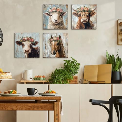 Farmhouse Animals Wall Art Highland Cow Decor for Kitchen Rustic Flowers Cow Sheep Horse Canvas Pictures Country Farm Animal Paintings Artwork for Bathroom Living Room Home Decorations 12x12" 4Pcs - color: Farm Animal, size: 12 x 12 in