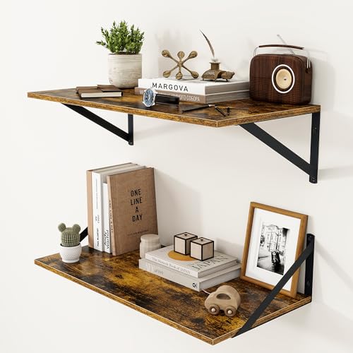 Heimlove Deep Floating Shelves for Wall, 24W x 12D Wood Wall Shelves Set of 2, Wide Floating Bookshelf for Living Room, Kitchen, Office, Bedroom and Decor Storage, with Metal Bracket - Rustic Brown - color: Rustic Brown With Black Metal Bracket, size: 24w