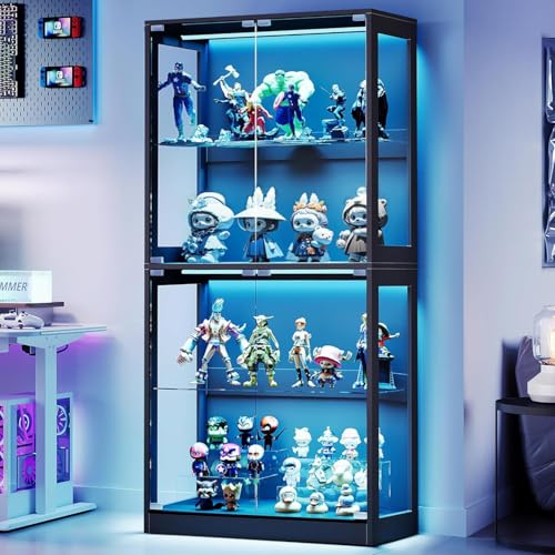 AMERLIFE RGB Display Cabinet with Adjustable Glass Shelves, 4-Tier Storage Case with LED Lights & Press-to-Open Doors, Modern Display Shelf for Collectibles, Black 70" H×32" L×16" D - color: Black, size: 32×16×70in