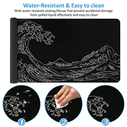iCasso Mousepad, Gaming Mouse Pad, XXL Large Desk Mat, Big Rubber Base Mouse Mat with Stitched Edges, Computer Keyboard Desk Pad for Work, Game, Office, Home - Black Wave of Kanagawa - color: Black Wave of Kanagawa