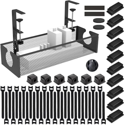 Under Desk Cable Management Tray, No Drill Steel Cord Organizer Kit with 52Pcs Different Essential Accessories for Home Office Standing Desk (13.4inch, Black) - size: 52-Piece
