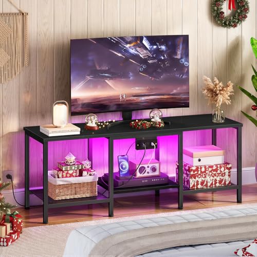 HOOBRO TV Stand with Charging Station to 55 Inches, LED Entertainment Center, Media TV Console Table with Open Storage Shelving for Living Room, Bedroom, Black BB122UDDS01 - color: Black