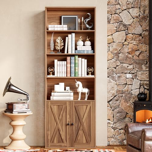 IRONCK Industrial Bookshelves and Bookcases with Doors Floor Standing 6 Shelf Display Storage Shelves 70 in Tall Bookcase for Home Office, Living Room - color: Oak Brown