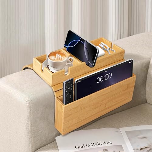 MinBoo Sofa Arm Tray Bamboo with Side Storage Pocket Couch Arm Table Cup Holder Absorbent Pad Foldable Portable Sofa Arm Chair Table for Drink Cups EatsSnacks Phone Remote Home Gift Accessory