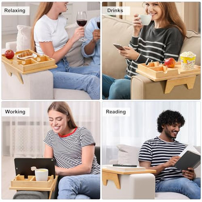 Bestjing Bamboo Couch Cup Holder Tray - 2 in 1 Couch Armrest Table with Be Slide-Away Detachable Double Holder - Sofa Armchair Caddy for Drinking Snacks iPad TV Remote - color: Bamboo, size: 13.8" x 9.5" x 2.4"