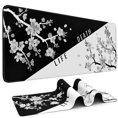 DIGSOM Mouse Pad Black and White Cherry Blossom Pattern, 31.5 x 11.8in | XL Mouse mat, Smooth surface, Anti-slip rubber base, For keyboard and mouse, For home and office use - color: Black and White Cherry Blossom