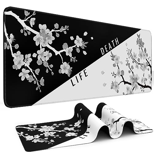 DIGSOM Mouse Pad Black and White Cherry Blossom Pattern, 31.5 x 11.8in | XL Mouse mat, Smooth surface, Anti-slip rubber base, For keyboard and mouse, For home and office use - color: Black and White Cherry Blossom