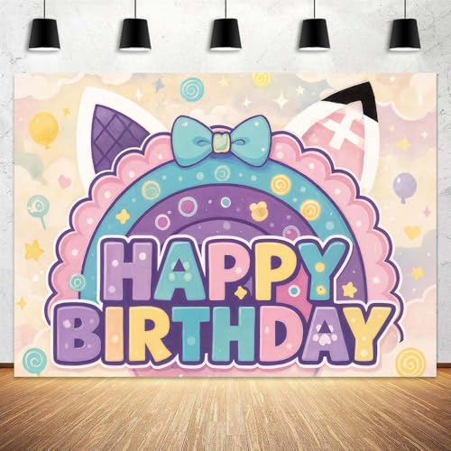 8x6ft Cat Happy Birthday Backdrop Cute Cartoon Cat Theme Photography Background for Children Kids Birthday Party Decorations Banner Photo Booth Props - color: Purple, size: 8X6FT