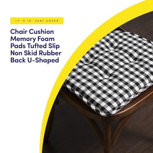 Sweet Home Collection Chair Cushion Memory Foam Pads Tufted Slip Non Skid Rubber Back U-Shaped 17" x 16" Seat Cover, 2 Count (Pack of 1), Checkered Black/White - color: Checkered Black/White, size: 2 Pack, style: Foam Pads