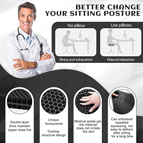 Gel Seat Cushion, for Long Sitting -Double Thick Gel Seat Cushion Breathable Honeycomb Chair Cushion with Non-Slip Cover for Office Chair Car, Wheelchair, Long Trips,Relief Sciatica Pain