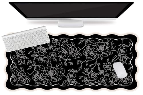 L-SPOUTTO Vintage Floral Mouse Pad,Aesthetic Scalloped Desk Mat XXL Large Gaming Mousepad,35.4x15.7in Non-Slip Keyboard Pad Waterproof Desktop Mat for Laptop Computer Work Game Home Office-Black - color: Vintage Floral Black
