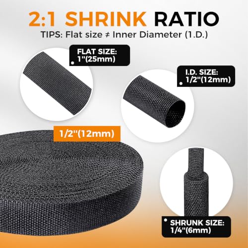 Black 2:1 Ratio Automotive Heat Shrink Braided Sleeving,Wear-Resistant Flat Woven Shrinkable Sleeve Fabric Car Cable Wires Hoses Protection (3/8"-26ft) - size: 3/8"-26ft