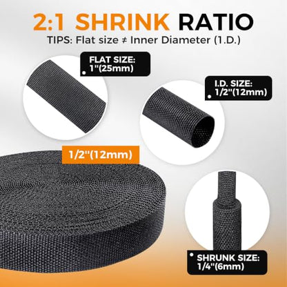 Braided Heat Shrink Tubing Black 2 in 1 Automotive Shrinkable Cloth Wire Loom Hose Cover Management Protector (1/2"-15ft) - size: 1/2"-15ft