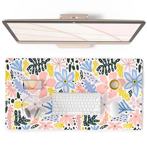 QiyI Floral Large Mouse Pad, Cute Desk Mat for Desktop, Women Girls Desk Accessories Office Décor, PU Leather Waterproof Big Gaming Mousepad, Doodle Flowers Desk Pad Computer Mat, 31.5" x 15.7" - color: Doodle Flowers, size: 31.5" x 15.7"