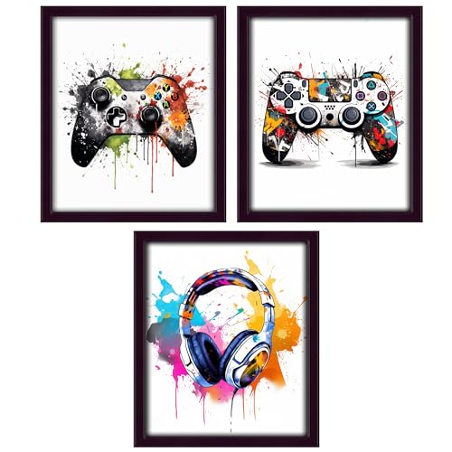 BAYKUL Watercolor Gaming Posters Set of 3 (8x10 Inches), Room Wall Decorations for Bedroom, Gaming Room Decor, Gamer, Boy, Teen Room Wall Art Decor, Gaming Room Accessories (Black Gaming) - color: White Gaming