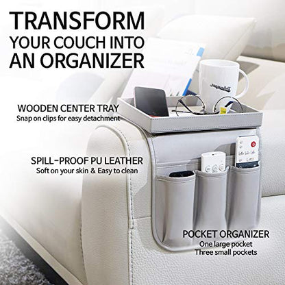 Couch Remote Caddy Control Holder Sofa Synthetic PU Leather Organizer with Detachable Tray for Recliner Chair Armrests with 4 Slots - 1 Large Pockets and 3 Small Pockets (Grey) - color: Grey