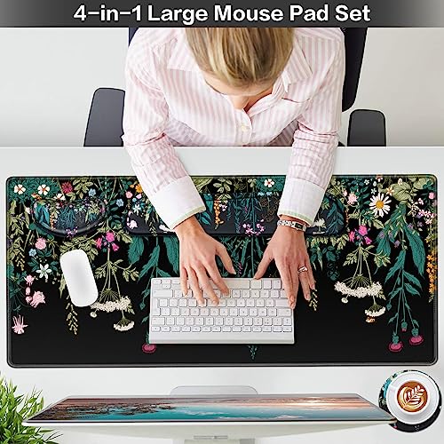Desk Mat, Large Gaming Mouse Pad with Wrist Rest, 4in1 XXL Mousepad+Keyboard Wrist Rest+Mouse Pad Wrist Support+Cup Coaster Set Ergonomic Floral Computer Desk Arm Wrist for Decor Home Office Women - color: Flowers & Plants