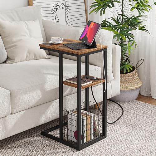 Vagusicc C Shaped End Table with Charging Station, Side Table for Couch, Small Side End Table for Small Spaces, 28" High Slide Under Sofa Table for Coffee, Tv Tray Table for Living Room, Rustic Brown - color: Rustic Brown