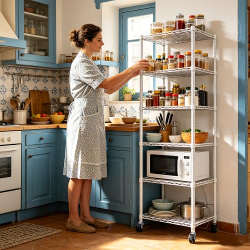 REGILLER 6 Wire Shelving Steel Storage Rack Adjustable Unit Shelves for Laundry Bathroom Kitchen Pantry Closet(White,11.7" D x 16.8" W x 63" H,With Wheels) - color: White, size: With Wheels 6tier 11.7"D x 16.8"W x 63"H