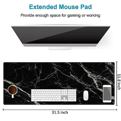 Extended Desk Mat (31.5x11.8 inch 3mm Thick), iDonzon Soft Cute Extra Large XXL Waterproof Gaming Mouse Pad with Non-Slip Rubber Base & Stitched Edges, for Working/Game, Black White Marble - color: Black White