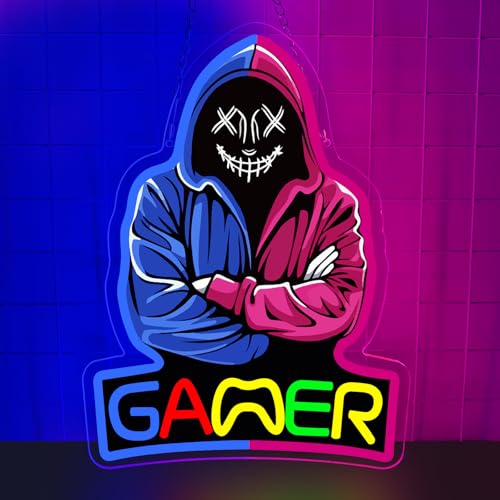 Gamer Neon Sign, Split Color Hooded Smiley Gamer LED Neon Sign for Game Room Decor, Multicolor Gaming Wall Light for Bedroom, Game Room, Man Cave, Unique Gamer Gift for Men, Teens, Boys - color: Gamer colors