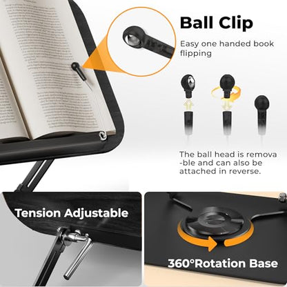 SupeDesk Book Stand for Reading, Adjustable Book Holder with 360° Rotating Bases, Foldable Designs, and Elastic Clips, Multifunctional Display Stand for Recipe, Cookbooks, Magazines, Tablets, Laptops - color: Black Wood