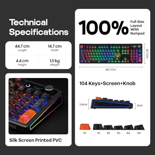 EPOMAKER TH108 V2 PRO Full Size Mechanical Keyboard with Screen&Knob, 10000mAh, BT/2.4Ghz, Mac Modifier PBT Keycap, Hot Swap, RGB, Gasket, Wireless Gaming Keyboard for Mac/PC (Black, Sea Salt Silent) - color: Black, size: Sea Salt Silent